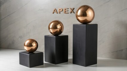 Minimalist arrangement of three identical perfectly polished bronze spheres clustered on black pedestals with apex signage
