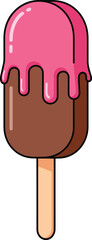 Chocolate ice cream popsicle with pink strawberry glaze illustration in flat cartoon style for dessert summer and sweet food design