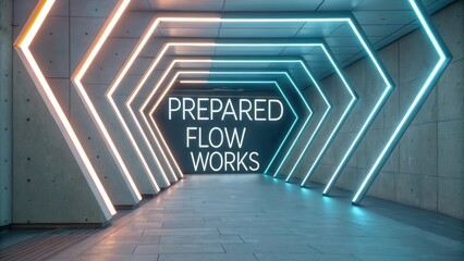 Modern Geometric Tunnel with Neon Lighting and Motivational Text 'Prepared Flow Works'