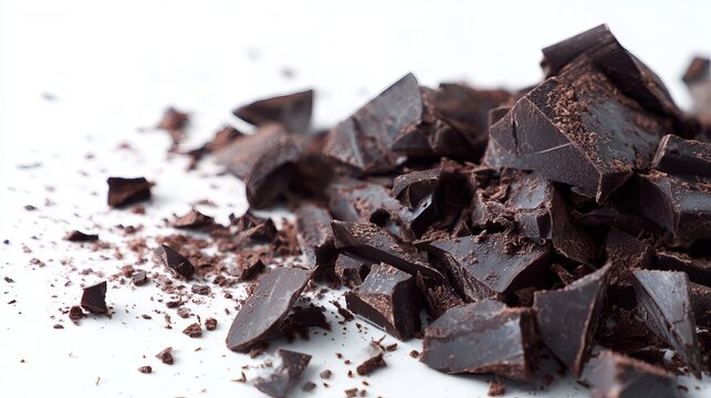 Dark Chocolate Chunks Scattered on White Surface