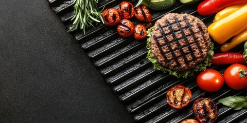Wholesome plant based burger patty cooking on a dark grill. Fresh ripe tomatoes, colorful bell peppers, zucchini and fragrant rosemary accompany it.
