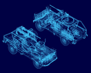 A military vehicle blueprint on a blue background reveals detailed wireframe design, machine components, and mounted gun placements. Isometric view © German Ovchinnikov