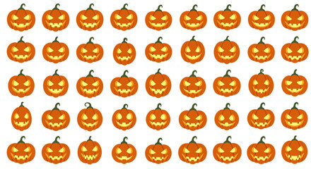 Obraz premium Vibrant grid pattern of orange Halloween pumpkins, each with a carved Jack-o'-lantern face. Perfect for spooky season backgrounds, autumnal digital designs, and festive graphic projects