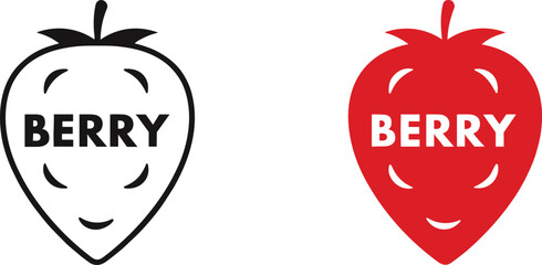 Berry strawberry logo icon set in black outline and red solid styles with typography for branding packaging and label design © Shamim