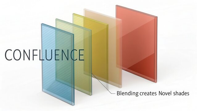 Five Translucent Colored Glass Panels Arranged in Depth with Subtle Overlapping and Blending Effects