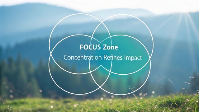Focus Zone concentration refines impact with layered circles over a blurred natural landscape background