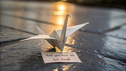 Single white origami crane with handwritten message on wooden surface, bathed in golden sunlight
