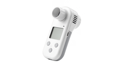 Handheld spirometer device isolated on white background designed for home lung function monitoring with wireless connectivity for telehealth integration.