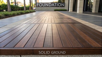 Solid ground walkway made of polished dark wood planks leads to a building entrance with a FOUNDATION sign.