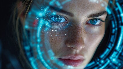 Futuristic Woman with Cybernetic Eye Technology and Digital Interface