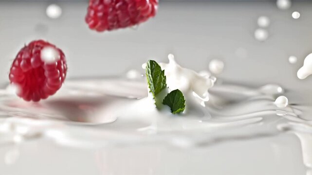 Delicious appetizing raspberries in white yogurt drops