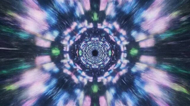 A vibrant, psychedelic kaleidoscopic tunnel with a sense of infinite motion.