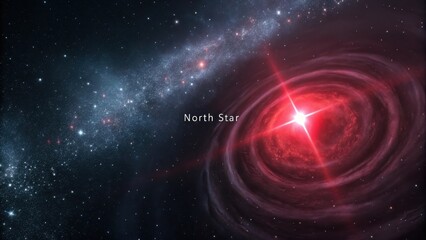 The radiant North Star glows amidst a swirling cosmic nebula and distant galaxy