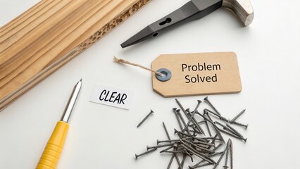 Problem Solved: Clear nails and tools laid out on a workspace with a tag confirming resolution.