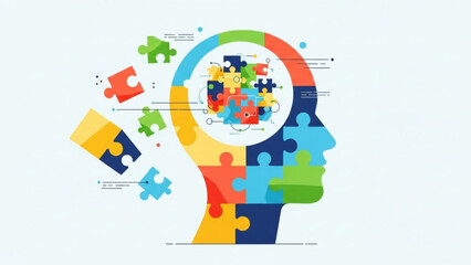 Obraz premium A creative conceptual illustration of a human head with puzzle pieces, symbolizing problem solving, innovation, and mental clarity, with a mix of colorful jigsaw