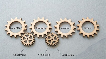 Seven meticulously crafted wooden gears interlocking in a sequence representing a business process from planning to celebration