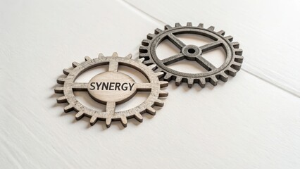 Two wooden gears perfectly meshing together, with the word SYNERGY inscribed on one, representing cooperation and teamwork