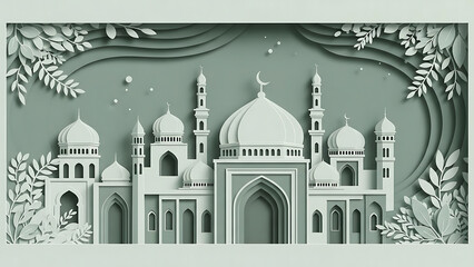 Soft pastel Islamic illustration in papercraft style, elegant mosque architecture with geometric domes and arches, botanical elements surrounding the buildings