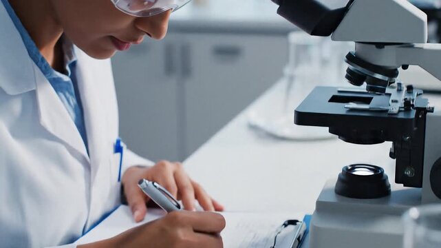 Scientist examining samples under a microscope in a laboratory setting.