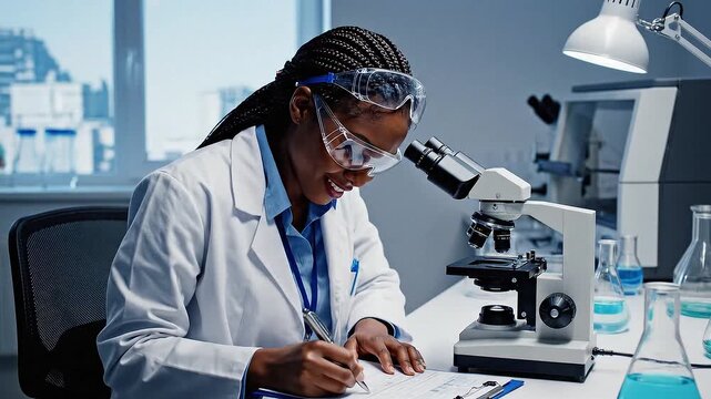 A scientist examining samples under a microscope in a laboratory.