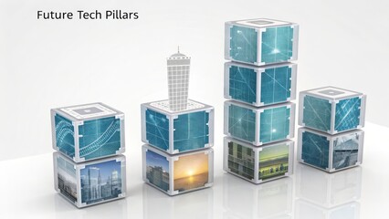 Structured transparent digital cubes with building imagery representing technological pillars in a city development concept