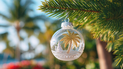 Tropical Christmas ornament with palm tree hanging on pine branch, blending holiday spirit and beach vibes in a warm, sunny outdoor setting.