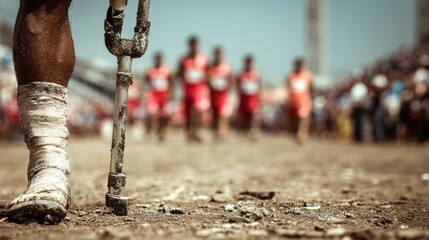 Athlete with a prosthetic leg stands at the start line, ready to race. Crowd is cheering as they wait for the signal for the marathon to start.