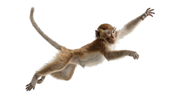 A playful primate leaps energetically against a clean background, showcasing its agility and curiosity on a transparent background.