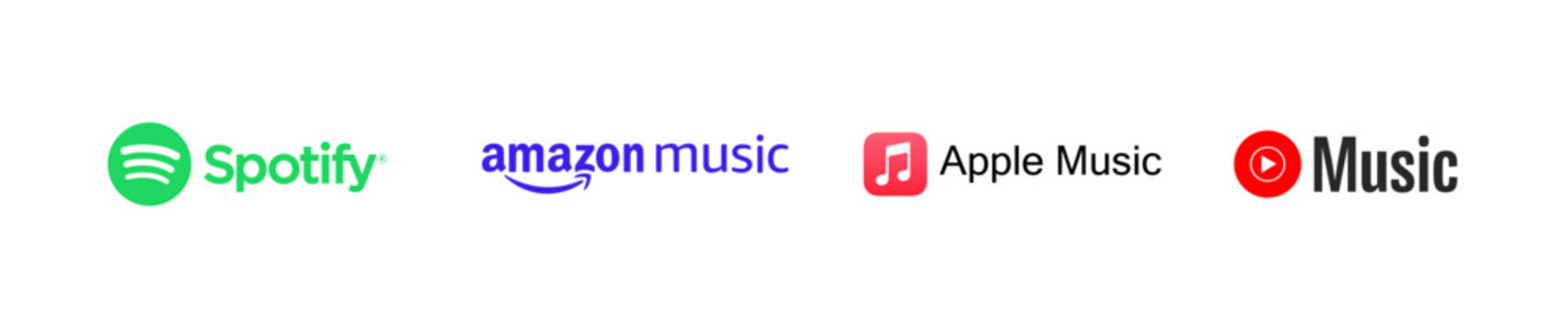 Popular music streaming servise company logo set. Amazon music, apple music, youtube music, spotify.