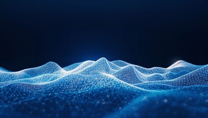 Futuristic Low Poly Wireframe Mountain Landscape, Glowing Digital Topography on Navy Blue Background for Big Data Concept