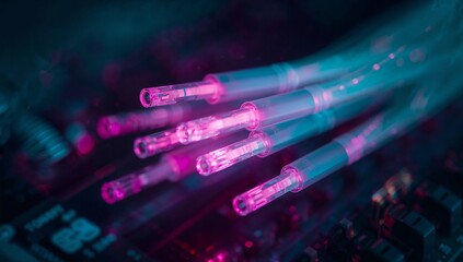 Macro Glowing Fiber Optic Cables with Teal and Pink Light, High Speed Data Transmission and Internet Network Concept