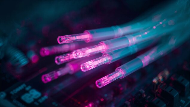 Macro Glowing Fiber Optic Cables with Teal and Pink Light, High Speed Data Transmission and Internet Network Concept - Powered by Adobe