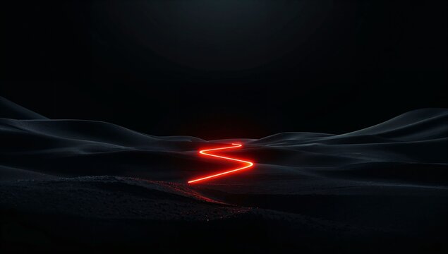 Abstract Matte Black Landscape with Glowing Neon Orange Line, Dark Cyberpunk Minimalist Background for OLED Screens