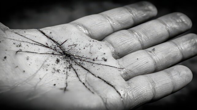 Abstract monochrome image showcases a human hand marked with lines and dirt, creating a unique and striking visual texture on the skin. - Powered by Adobe