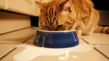 A curious orange cat enjoys its meal, causing a playful spill of milk around a vibrant blue bowl in a warm, inviting kitchen setting that captures cozy domestic life.