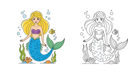 Obraz premium Cute cartoon mermaid underwater vector illustration set involving colored version and black and white outline for coloring book page with coral and fish.