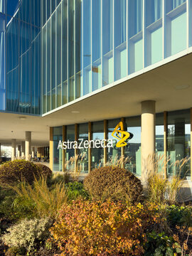 Cambridge, England - December 03, 2025: Entrance to AstraZeneca. It is a British-Swedish multinational pharmaceutical and biotechnology company with headquarters at the Cambridge Biomedical Campus.