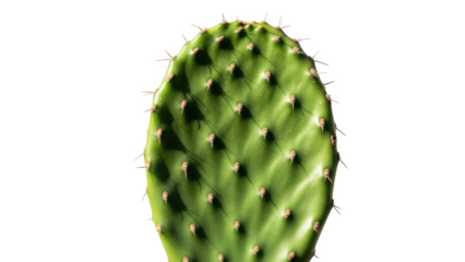 Close up of a green prickly pear cactus pad with sharp spines against a black background plant