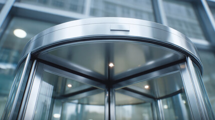 Modern glass and metal revolving door at office building entrance, symbolizing corporate architecture, transparency and contemporary urban design with sleek, reflective surfaces.