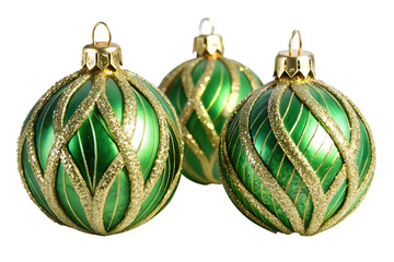 three decorative green and gold christmas ornaments with intricate designs on transparent background high quality