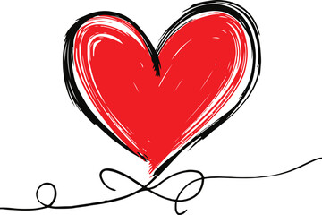 Hand drawn red heart illustration with scribbled black outline and decorative swirl line on white background.
