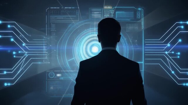 Futuristic silhouette of a man interacting with a holographic technology interface.