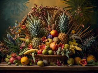 An abundant display of fresh tropical and temperate fruits including pineapples, kiwi, apples, and mango. Lush green foliage creates a vibrant and natural still life composition on a wooden table.