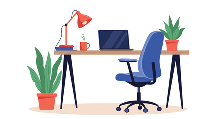 Comfortable workspace setup featuring a wooden desk with a laptop, office chair, red lamp, coffee mug, and various green potted plants.