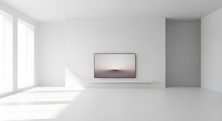 Fototapeta premium Ultra minimalist white empty room with wall-mounted TV mockup. Clean architectural space with bright natural sunlight, shadows, and futuristic gallery aesthetic.