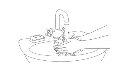 Instruction illustration showing hands being washed with soap under a running water faucet for hygiene and virus prevention protocols.