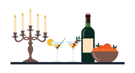 Elegant table setting with a five branch candelabra, a bottle of wine, martini cocktails, and a bowl of oranges.