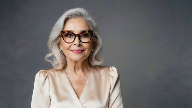 Older woman in satin blouse and tortoiseshell glasses on gray background