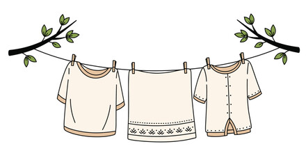 Whimsical illustration of baby clothes and a small towel hanging on a laundry line strung between two leafy tree branches outdoors.