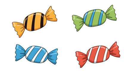 Assorted wrapped candies in orange, green, blue, and red colors with striped patterns for festive celebrations and sweet snacks.